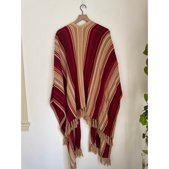 Lauren by Ralph Lauren VINTAGE Fringe Poncho Wrap in Red & Tan L/XL - Picture 5 of 7